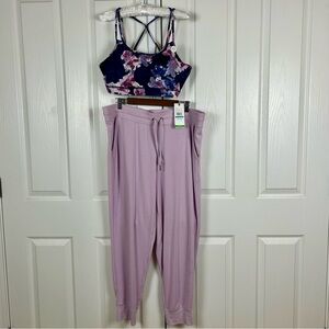 NWT GAIAM Coord Set Navy and Lavender Floral Sports Bra Lavender Joggers